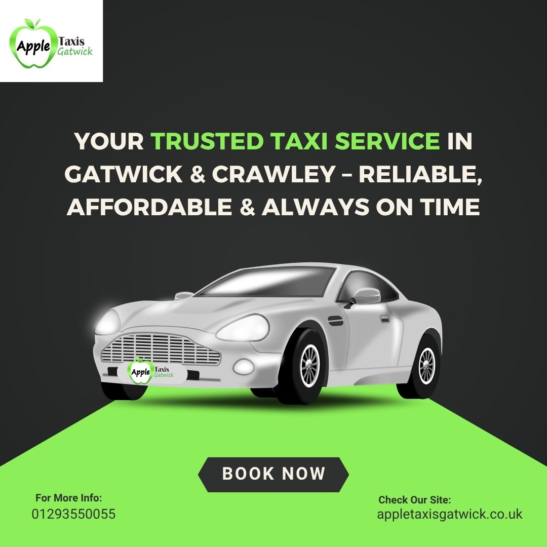 White taxi with Apple Taxis Gatwick logo and slogan.