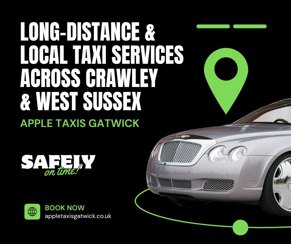 A clean Apple Taxis Gatwick vehicle parked outside a Crawley home, ready for a long-distance airport transfer.