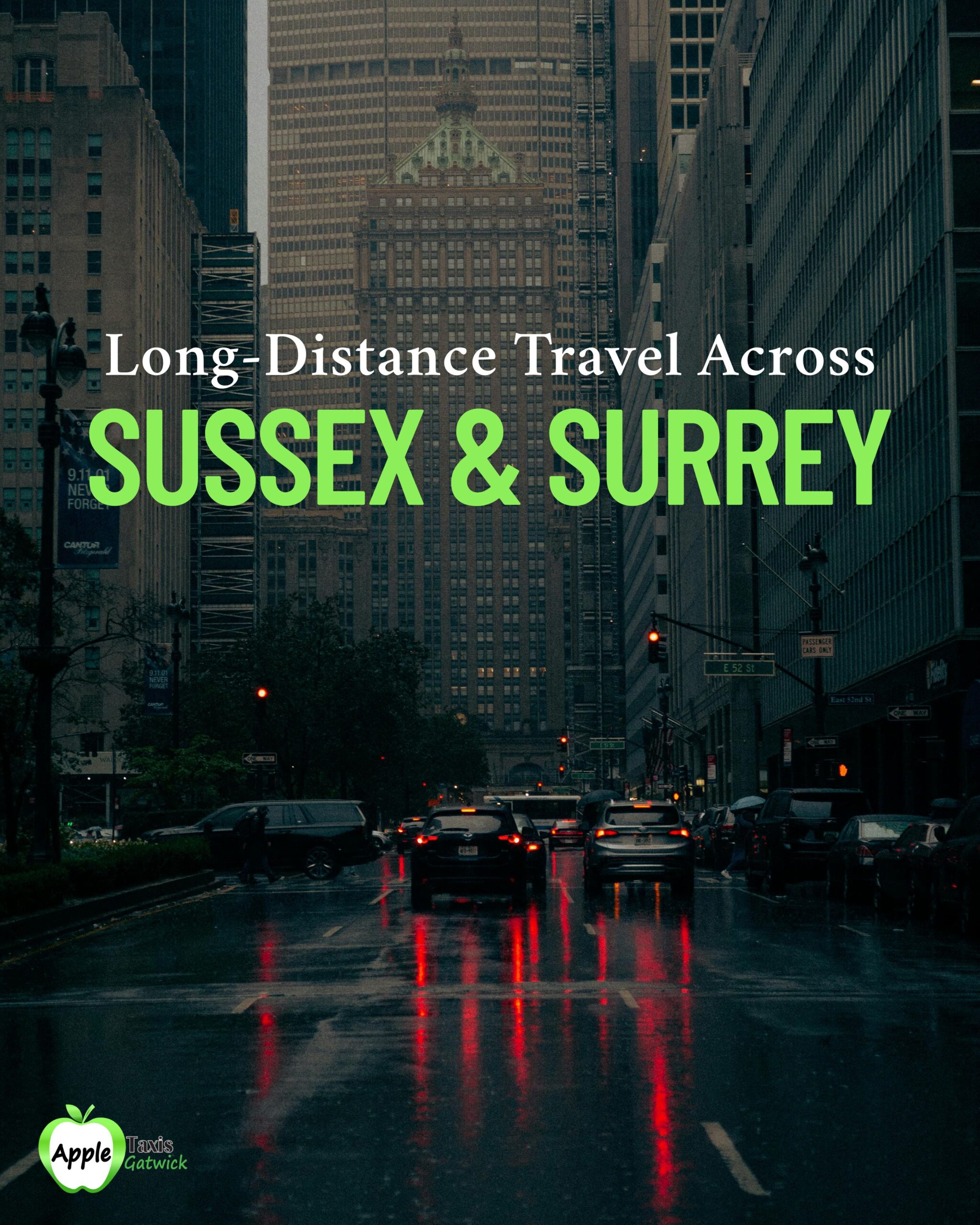 Comfortable long-distance taxi traveling through rolling countryside between West Sussex and Surrey, with professional driver ensuring a seamless cross-county journey.