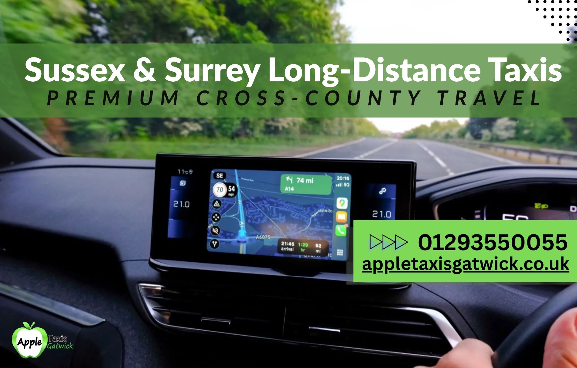 Long-distance taxi in Sussex and Surrey with Apple Taxis Gatwick