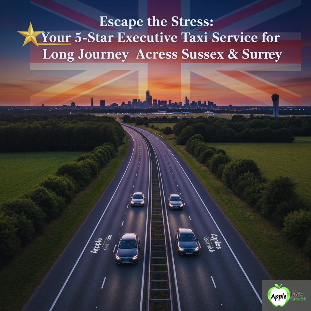 Executive black Mercedes taxi driving on a winding countryside road in Sussex at sunset with the text: Reliable Long-Distance Taxi Service Across Sussex & Surrey.